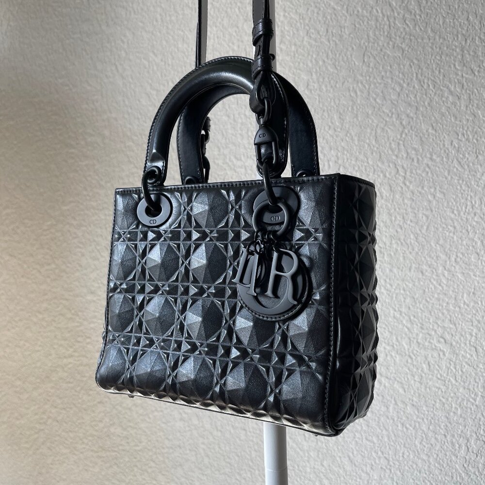 Small Lady Dior Black Diamond Cannage Top Handle Bag